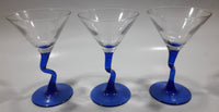 Set of 3 Vintage Clear Bowl Blue Bent Stem Martini Glasses