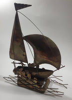 Vintage Tin Metal Sail Boat Ship 10" Long 12 1/2" Tall Music Santoyo Japan Music Box Plays 'Red Sails In The Sunset' Made in Hong Kong Box Not Working