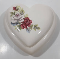 Heart Shaped White and Red Flower Themed Ceramic Trinket Box