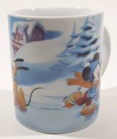 Enesco Disney Mickey Mouse, Minnie Mouse, Goofy, and Pluto Winter Scene Ice Skating on A Pond 3 3/4" Tall Ceramic Coffee Mug Cup
