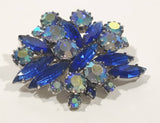 Vintage Beautiful Blue Sapphire Rhinestone and Aurora Borealis Sparkling Rhinestone Brooch
