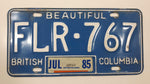 1985 Beautiful British Columbia Blue with White Letters Vehicle License Plate FLR 767