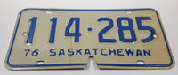 Vintage 1976 Saskatchewan Blue Lettering White Vehicle License Plate Metal Tag 114 285