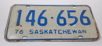 Vintage 1976 Saskatchewan Blue Lettering White Vehicle License Plate Metal Tag 146 656