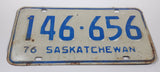 Vintage 1976 Saskatchewan Blue Lettering White Vehicle License Plate Metal Tag 146 656