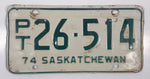 Vintage 1974 Saskatchewan Green Lettering White TAXI Vehicle License Plate Metal Tag PT 26 514