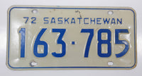 Vintage 1972 Saskatchewan Blue Lettering White Vehicle License Plate Metal Tag 163 785