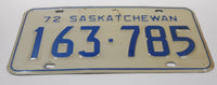Vintage 1972 Saskatchewan Blue Lettering White Vehicle License Plate Metal Tag 163 785
