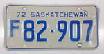 Vintage 1972 Saskatchewan Blue Lettering White Farm Vehicle License Plate Metal Tag F 82 907