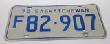 Vintage 1972 Saskatchewan Blue Lettering White Farm Vehicle License Plate Metal Tag F 82 907