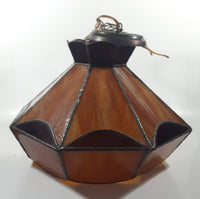 Vintage Brown and Orange Leaded Slag Stained Glass Swag Hanging Light Fixture 12" Diameter