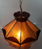 Vintage Brown and Orange Leaded Slag Stained Glass Swag Hanging Light Fixture 12" Diameter