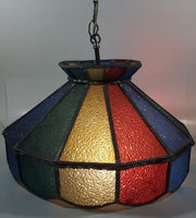 Vintage Multi Colored Rainbow Red, Yellow, Blue, Green Leaded Slag Stained Glass Swag Hanging Light Fixture 16" Diameter
