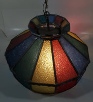 Vintage Multi Colored Rainbow Red, Yellow, Blue, Green Leaded Slag Stained Glass Swag Hanging Light Fixture 16" Diameter