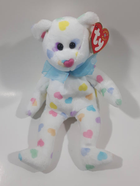 2001 Ty Beanie Babies Kissme White Heart Covered Teddy Bear 8" Tall Toy Stuffed Plush Animal New with Tags