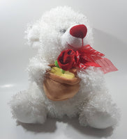 White Teddy Bear Holding Rose in a Flower Pot 11" Tall Toy Stuffed Animal Plush