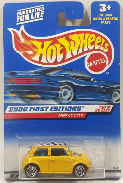 2000 Hot Wheels First Editions Mini Cooper Yellow with Checkered Roof Die Cast Toy Car Vehicle New in Package