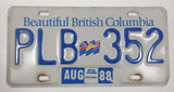 1988 Beautiful British Columbia White with Blue Letters Vehicle License Plate PLB 352