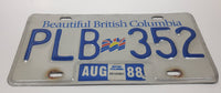 1988 Beautiful British Columbia White with Blue Letters Vehicle License Plate PLB 352