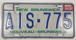 1992 New Brunswick Nouveau-Brunswick White with Blue Letters Vehicle License Plate AIS 775