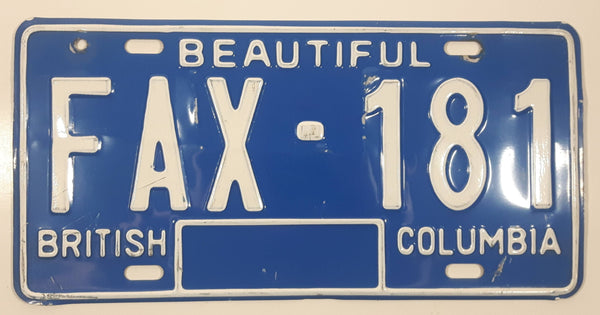 1980s Beautiful British Columbia Blue with White Letters Vehicle License Plate FAX 181