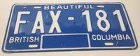 1980s Beautiful British Columbia Blue with White Letters Vehicle License Plate FAX 181