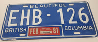 Set of Matching 1981 Beautiful British Columbia Blue with White Letters Vehicle License Plate EHB 126