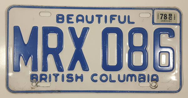 1978 Beautiful British Columbia White with Blue Letters Vehicle License Plate MRX 086