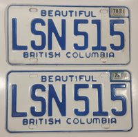 Matching Set of 1978 Beautiful British Columbia White with Blue Letters Vehicle License Plate LSN 515