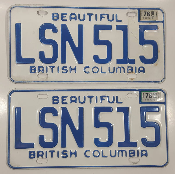 Matching Set of 1978 Beautiful British Columbia White with Blue Letters Vehicle License Plate LSN 515