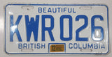 1972 Beautiful British Columbia White with Blue Letters Vehicle License Plate KWR 026