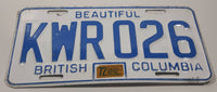 1972 Beautiful British Columbia White with Blue Letters Vehicle License Plate KWR 026