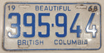 1968 Beautiful British Columbia White with Blue Letters Vehicle License Plate 395 944