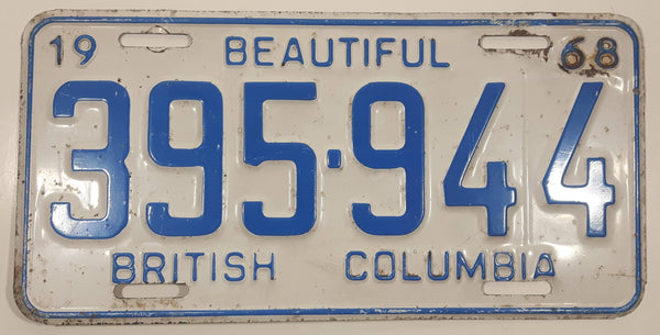 1968 Beautiful British Columbia White with Blue Letters Vehicle License Plate 395 944