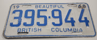 1968 Beautiful British Columbia White with Blue Letters Vehicle License Plate 395 944