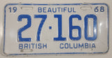 1968 Beautiful British Columbia White with Blue Letters Vehicle License Plate 27 160