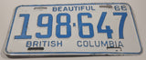 1966 Beautiful British Columbia White with Light Blue Letters Vehicle License Plate 198 647