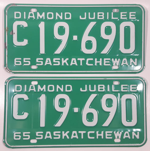 Set of Matching 1965 Saskatchewan Diamond Jubilee Green with White Letters Commercial Vehicle License Plate 19 690