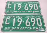 Set of Matching 1965 Saskatchewan Diamond Jubilee Green with White Letters Commercial Vehicle License Plate 19 690