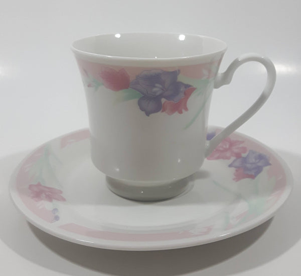 White with Light Blue and Pink Flower Themed Fine China Tea Cup and Saucer Set