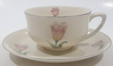 Czechoslovakia Cream with Pink Tulip Flower Themed Silver Trim Fine China Tea Cup and Saucer Set