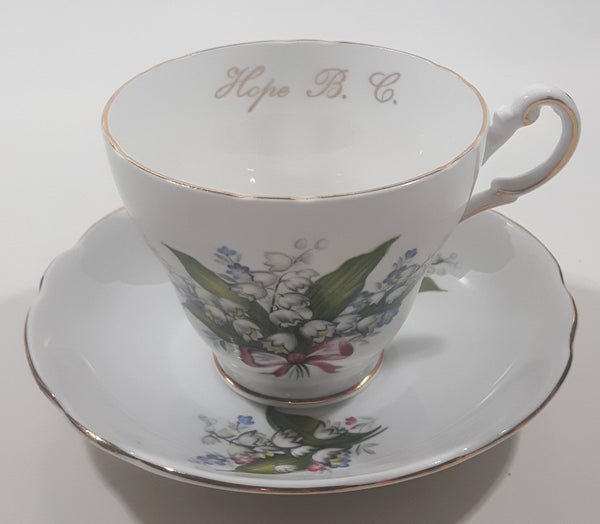 Regency English White with Blue and White Lily of The Valley Flowers Themed Hope. B.C. British Columbia Gold Trim Fine Bone China Tea Cup and Saucer Set