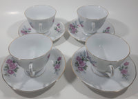 Pink Roses White with Gold Trim Fine China Tea Cup and Saucer Set of 4
