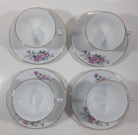Pink Roses White with Gold Trim Fine China Tea Cup and Saucer Set of 4