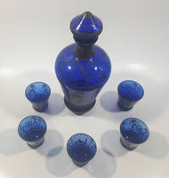 Antique 19th Century Cobalt Blue Decanter set with Decorative Silver Motif