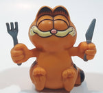 Vintage 1978 1981 United Features Syndicate Garfield Ready To Eat Holding Fork and Knife 2 1/4" Tall PVC Toy Figure Made in Hong Kong