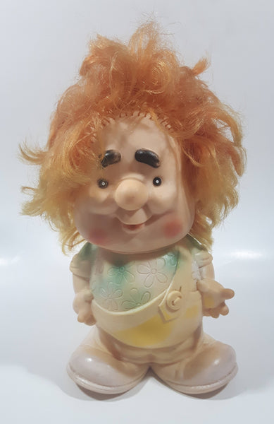 Vintage Karlsson Russian Soviet Orange Hair Big Eyebrows 8 1/2" Tall Rubber Toy Doll