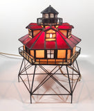 Vintage Highly Detailed Lighthouse Red and Beige Leaded Stained Glass 9 1/2" Tall Decorative Flashing Light Table Lamp