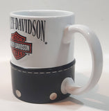 Harley Davidson Motor Cycles White Ceramic and Black Leather 4" Tall Coffee Mug Cup
