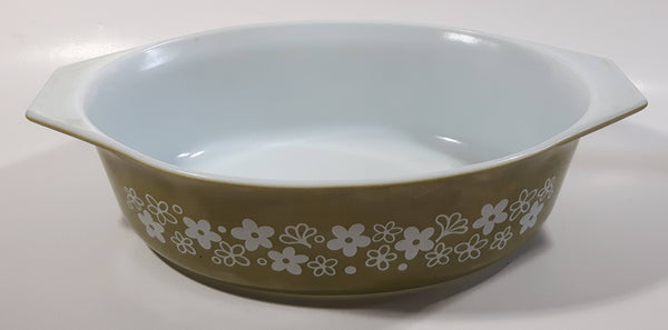 Vintage Pyrex 045 Olive Green White Spring Blossom Crazy Daisy Floral Pattern 2 1/2 Qt Casserole Dish Made in U.S.A. No Lid